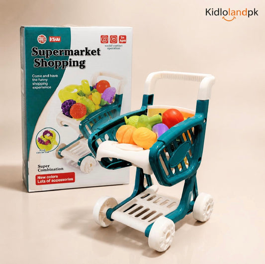 Supermarket Shopping Cart Toy Set for Kids – Pretend Play Grocery Trolley with Cuttable Fruits & Vegetables (Ages 3+)