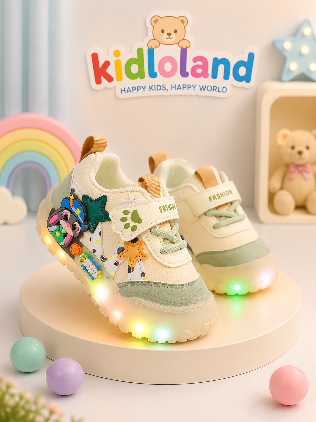 Cream & Sage LED Light-Up Sneakers – Kids' Bunny Sneakers with Star Details (BG-01)
