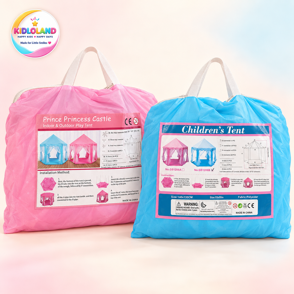 Pink and Blue Castle Play Tents packed in their matching carry bags; colours sold individually