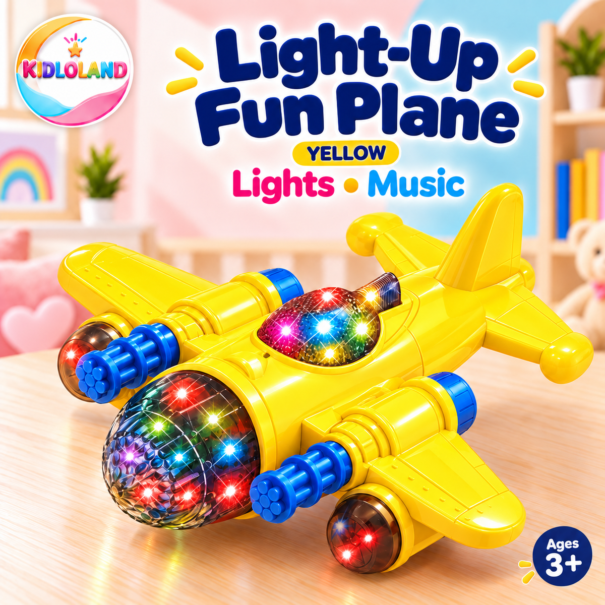 Yellow Fun Plane toy with blue details, colourful lights and music