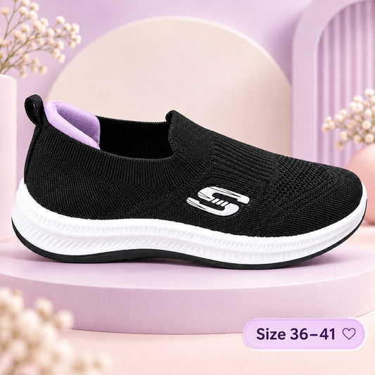 Black knit slip-on shoes with lilac collar, sizes 36–41