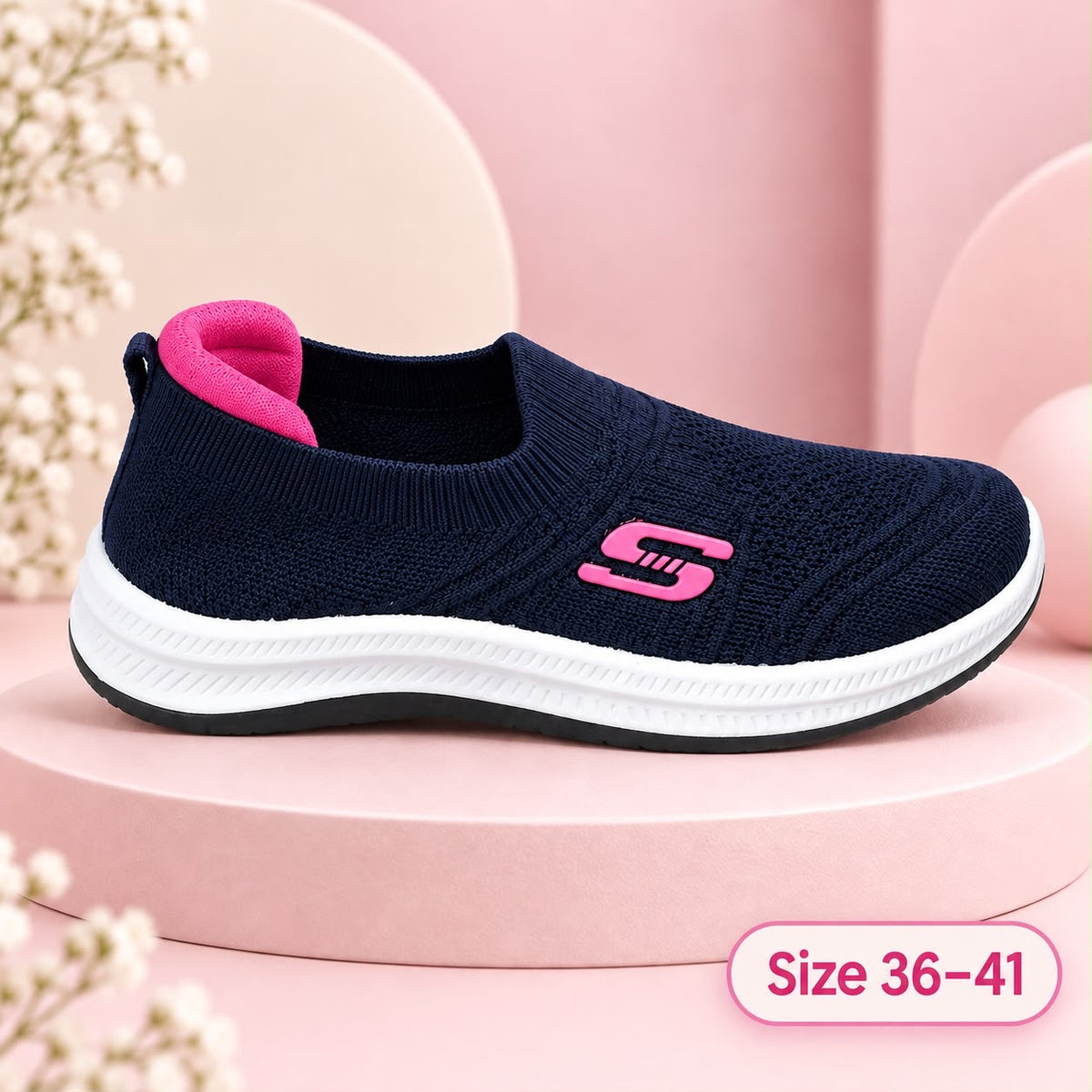 Navy knit slip-on shoes with pink collar and detail, sizes 36–41