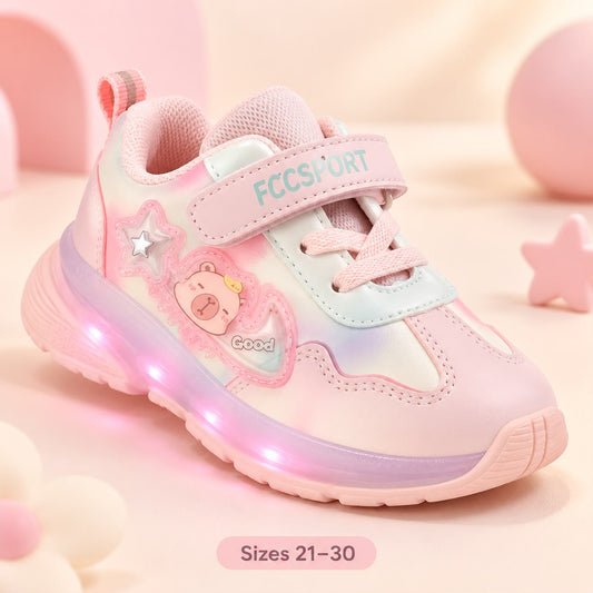 Pink Little Bear kids' light-up sneakers, sizes 21–30