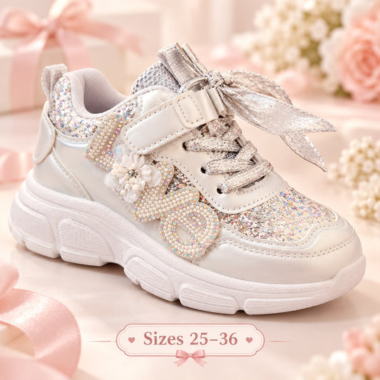 Silver Sparkle Bow kids' chunky sneakers with glitter panels and decorative side embellishments, sizes 25–36