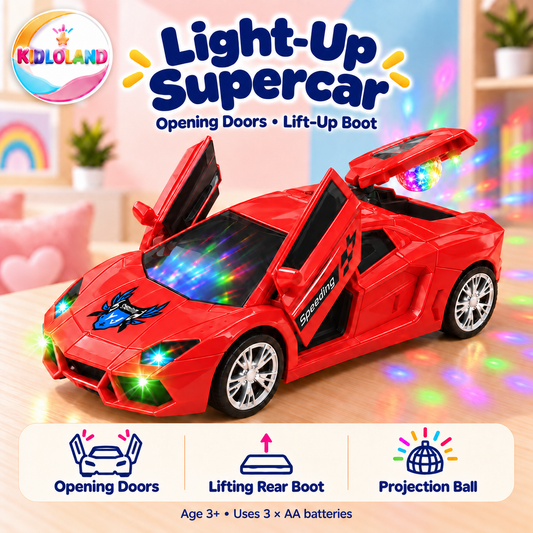 Red toy supercar with opening doors and lifting rear boot carrying a projection ball