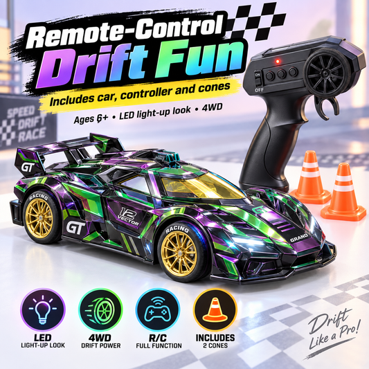 RC drift racing car with remote controller and cones