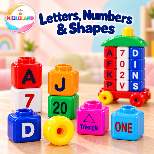 Close-up of Super Learning Blocks showing letters, numbers, shapes and wheel pieces