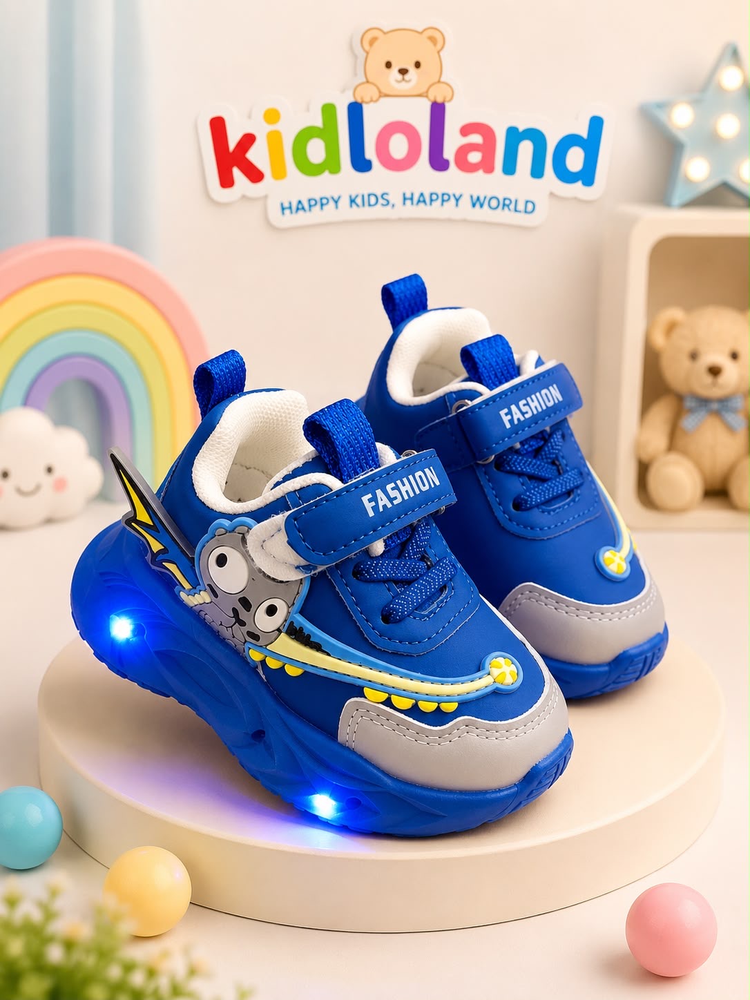 Blue LED Light-Up Sneakers – Kids' Dinosaur Sneakers with Velcro Strap (RJ-302)