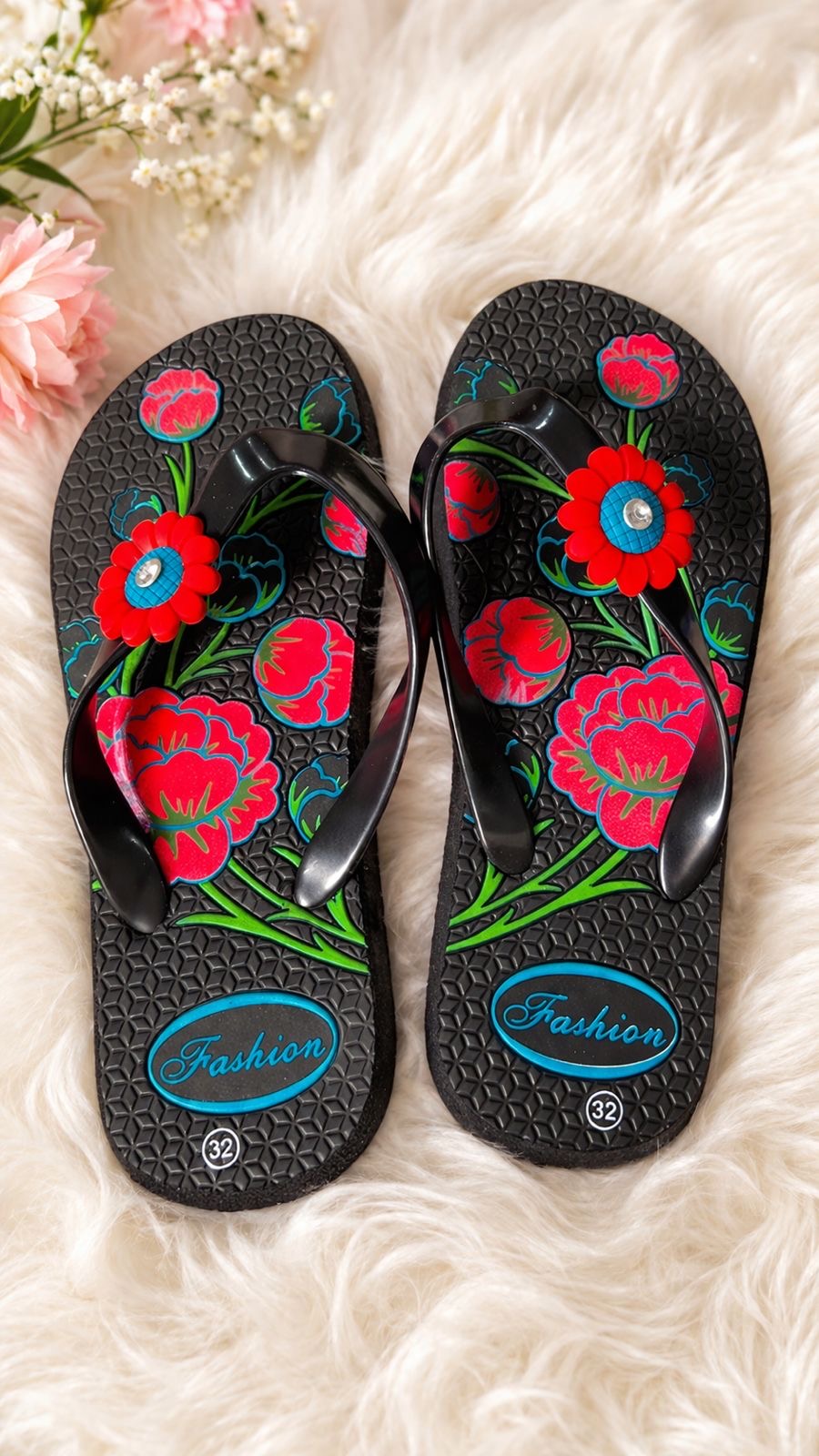 Girls Black Floral Slippers