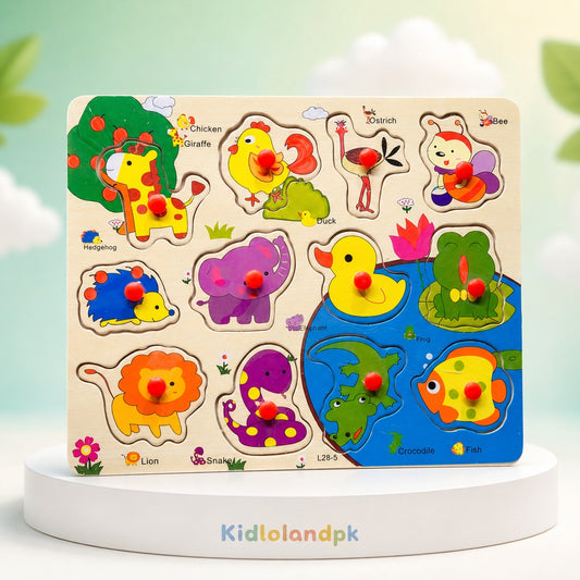 12-Piece Wooden Animal Knob Puzzle Board for Kids – Early Learning Toy