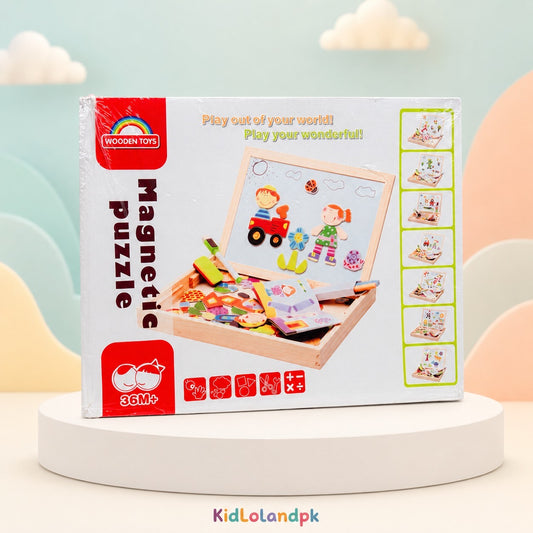 3-in-1 Wooden Magnetic Puzzle & Double-Sided Drawing Board Set
