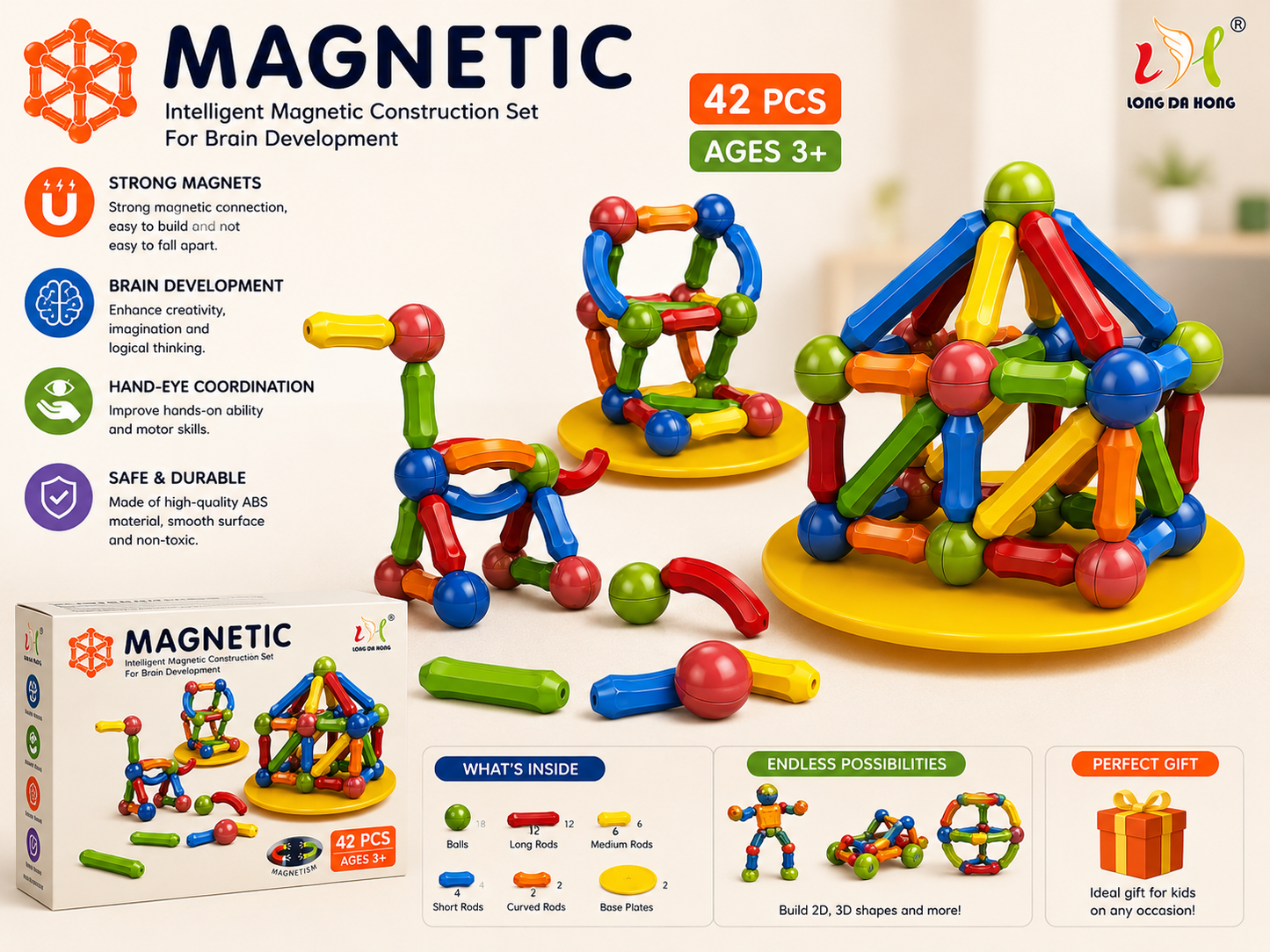 🧲 Magnetic Construction Building Set – 42 PCS 🌈