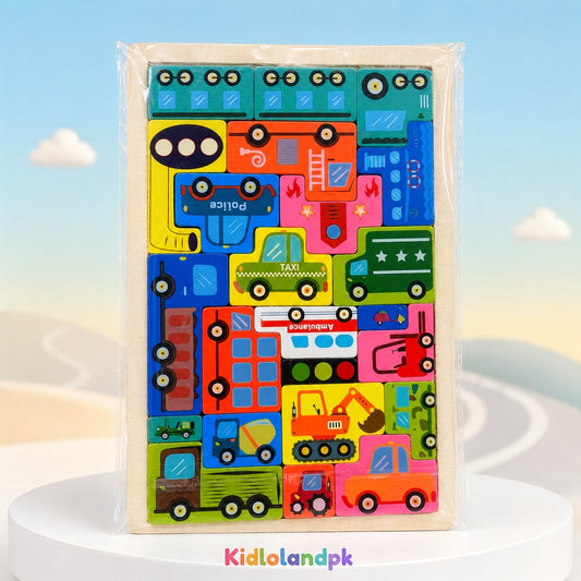 Wooden Traffic & Vehicles Block Puzzle for Kids – Educational Matching Game