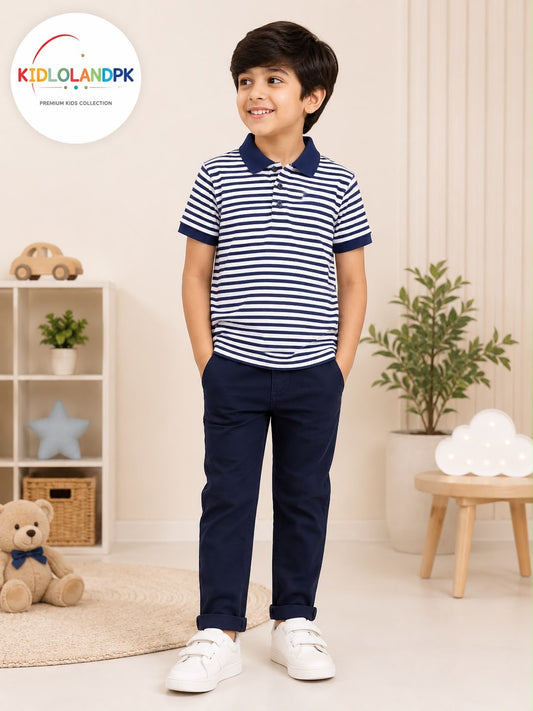 Boys Navy Striped Polo Shirt – Premium Cotton Kids Polo