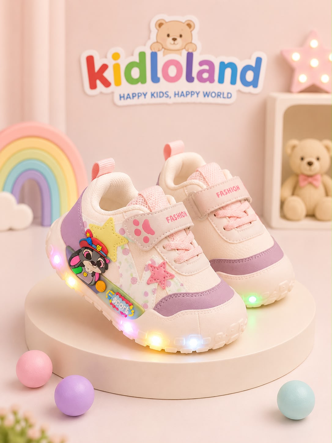 Pink LED Light-Up Sneakers – Girls' Star Sneakers with Bunny Character Detail (BG-01)