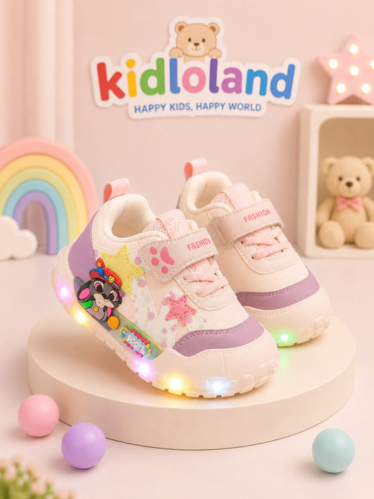 Pink LED Light-Up Sneakers – Girls' Star Sneakers with Bunny Character Detail (BG-01)