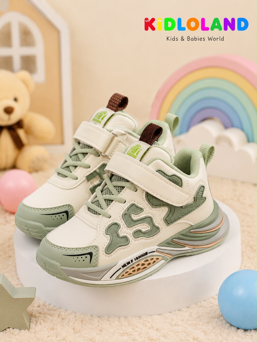 Sage Green Sneakers – Kids' Sporty Trainers with Velcro Strap & Lace-Up Detail (CG-04)