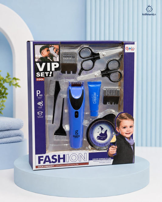 VIP Fashion Kids Pretend Play Barber Set – Toy Hair Salon Kit with Simulated Shaver, Scissors & Styling Accessories