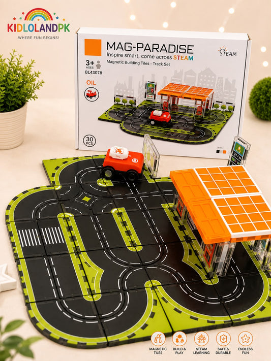 MAG-PARADISE 30-Piece Magnetic Track Set with Battery-Operated Car – Oil Station Theme