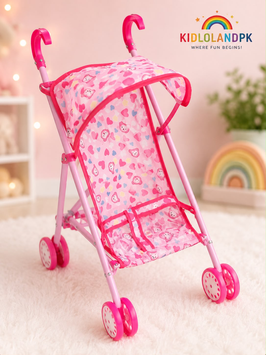 Pink Foldable Doll Stroller with Canopy & Safety Belt