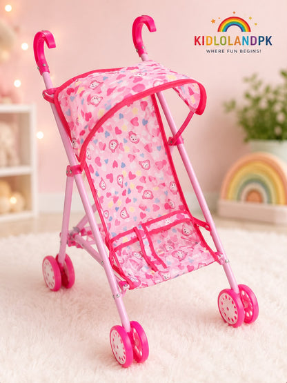 Pink Foldable Doll Stroller with Canopy & Safety Belt