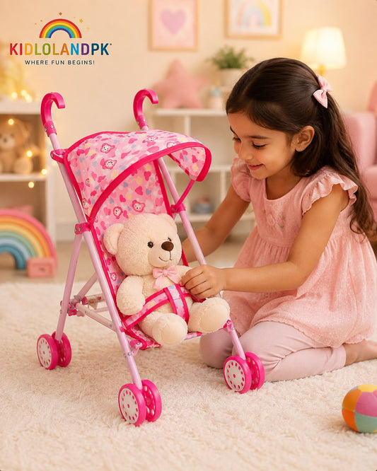 Pink Foldable Doll Stroller with Canopy & Safety Belt