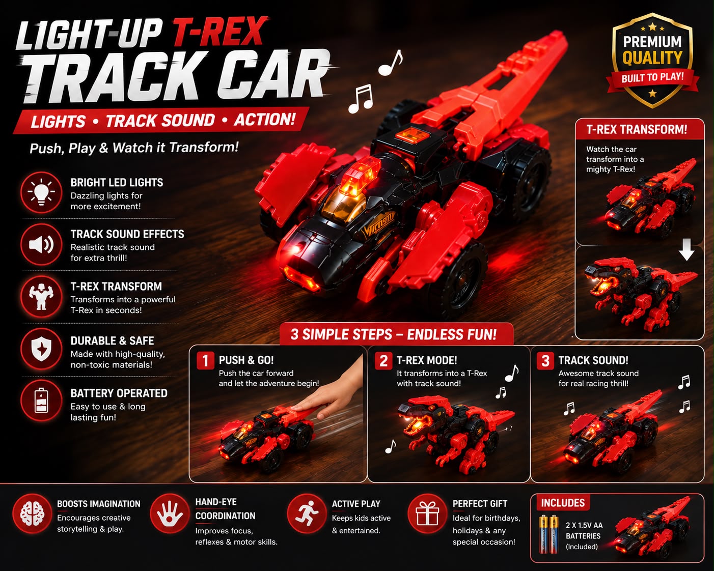 Light-Up T-Rex Transform Track Car