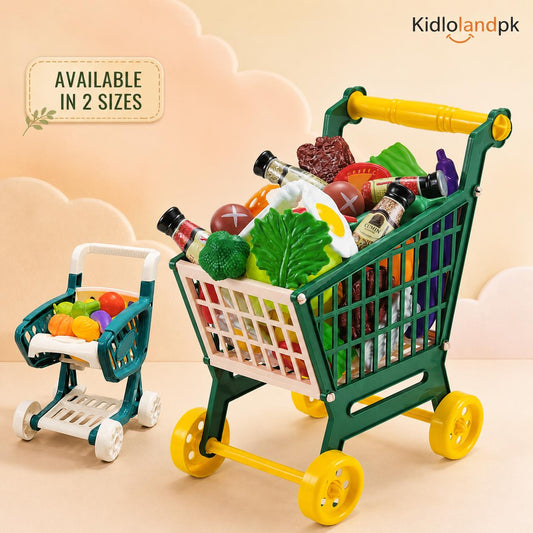Supermarket Shopping Cart Toy Set for Kids – Pretend Play Grocery Trolley with Cuttable Fruits & Vegetables (Ages 3+)