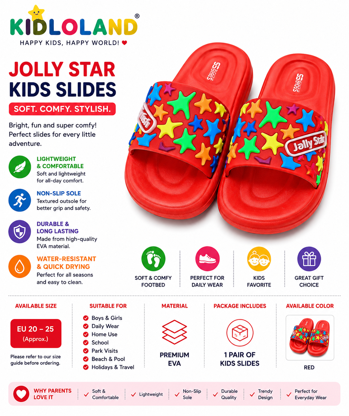 Jolly Star Kids Slippers (Red)