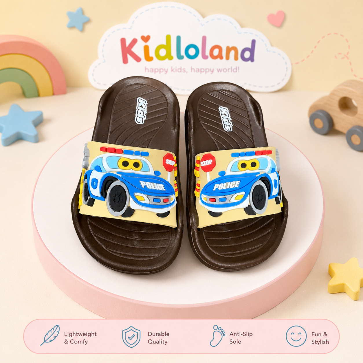Kids Police Car Cartoon Slippers