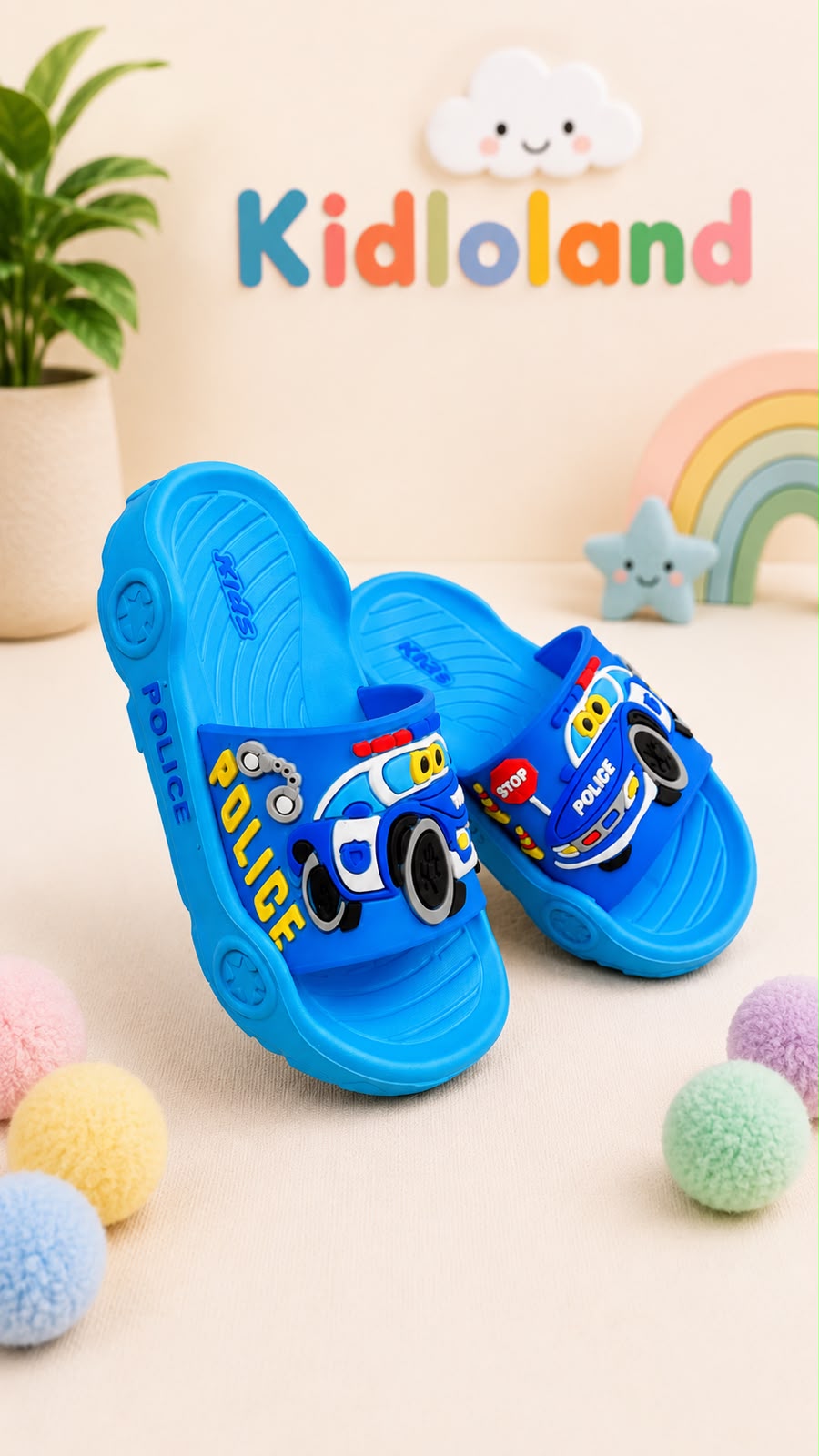 Kids Police Car Cartoon Slippers