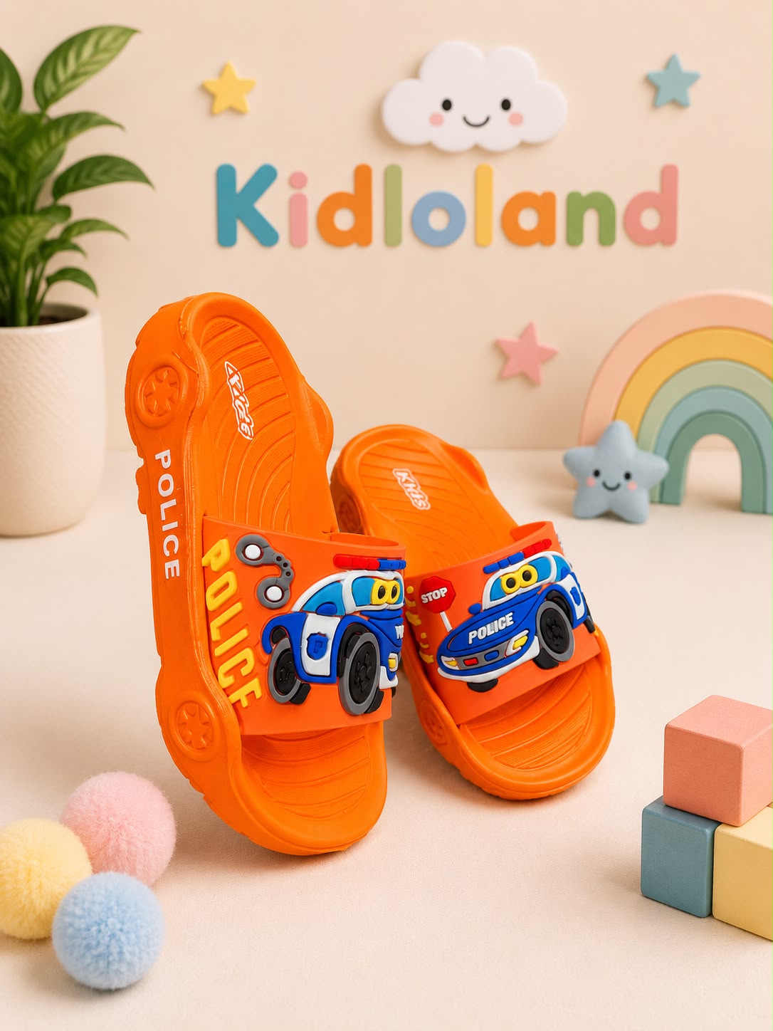 Kids Police Car Cartoon Slippers