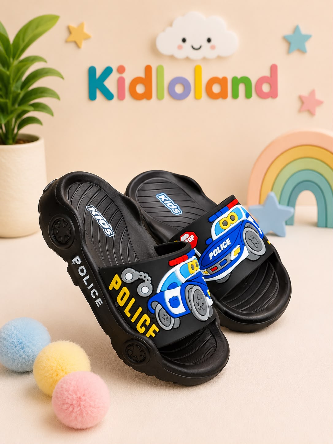 Kids Police Car Cartoon Slippers