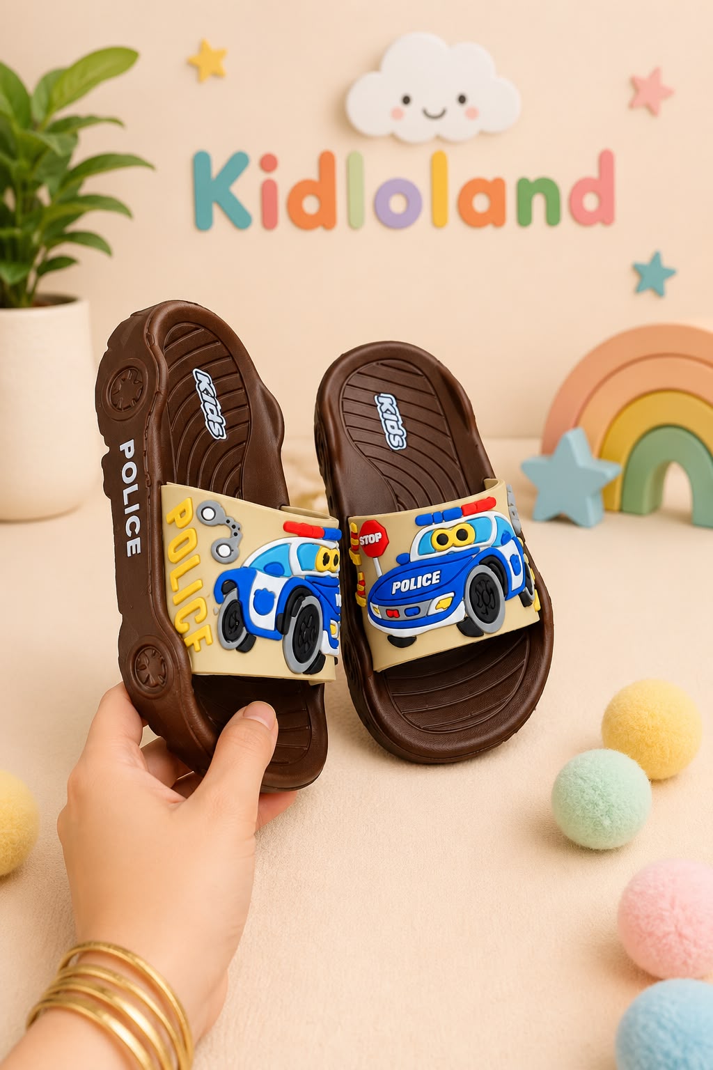 Kids Police Car Cartoon Slippers