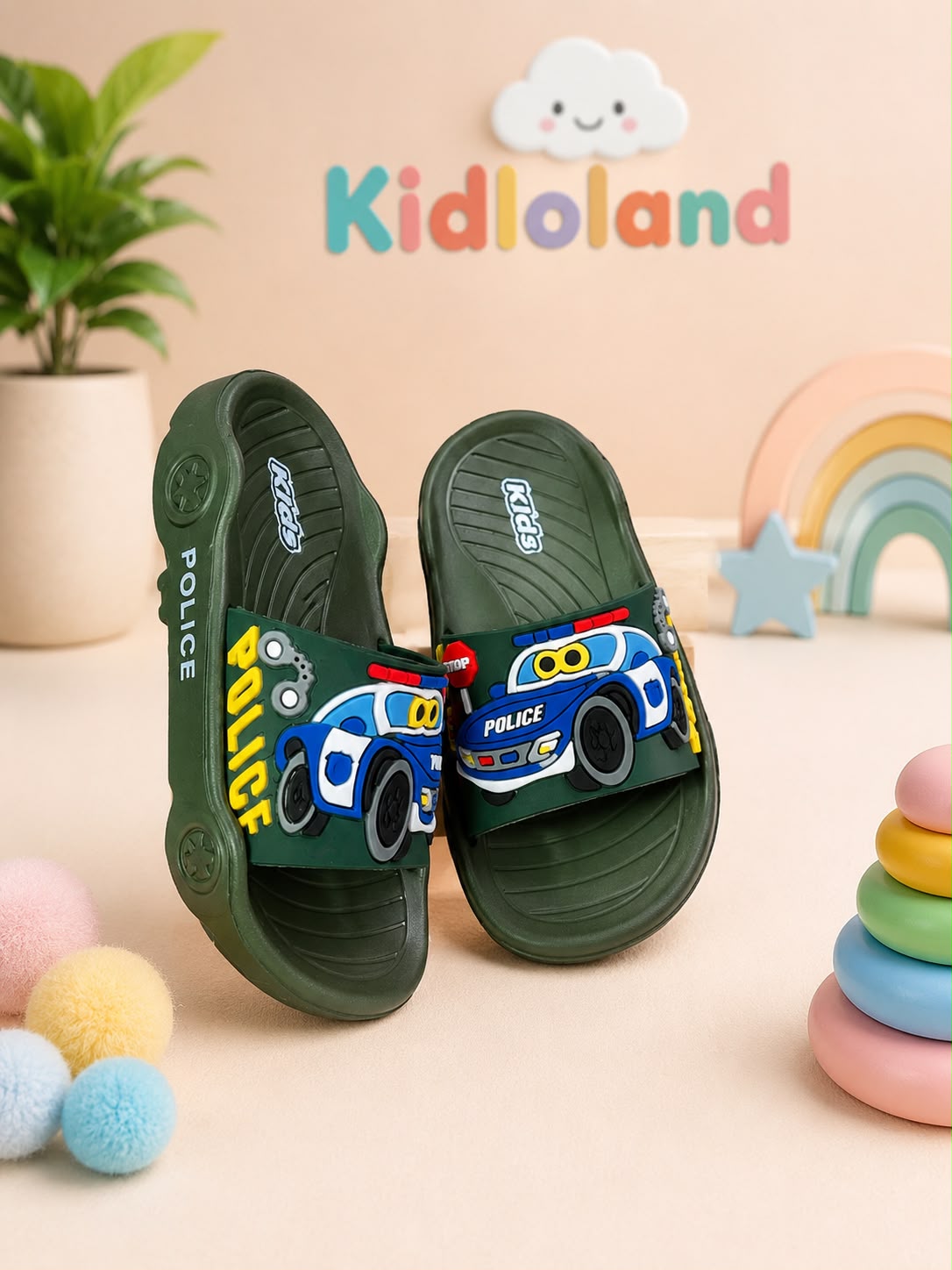 Kids Police Car Cartoon Slippers