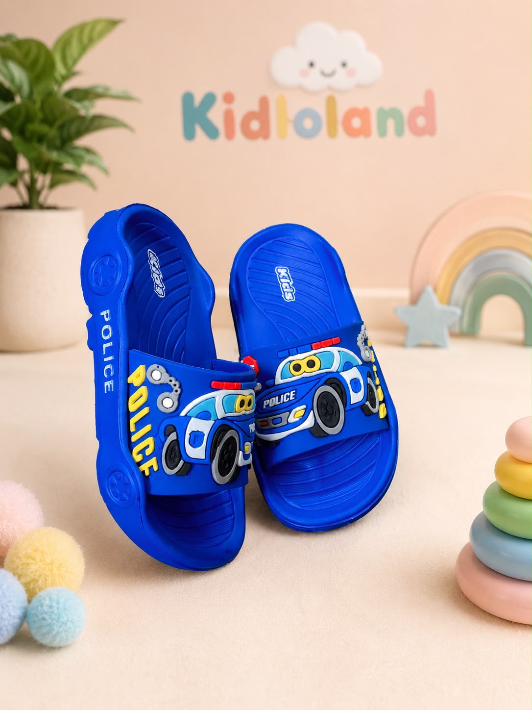 Kids Police Car Cartoon Slippers