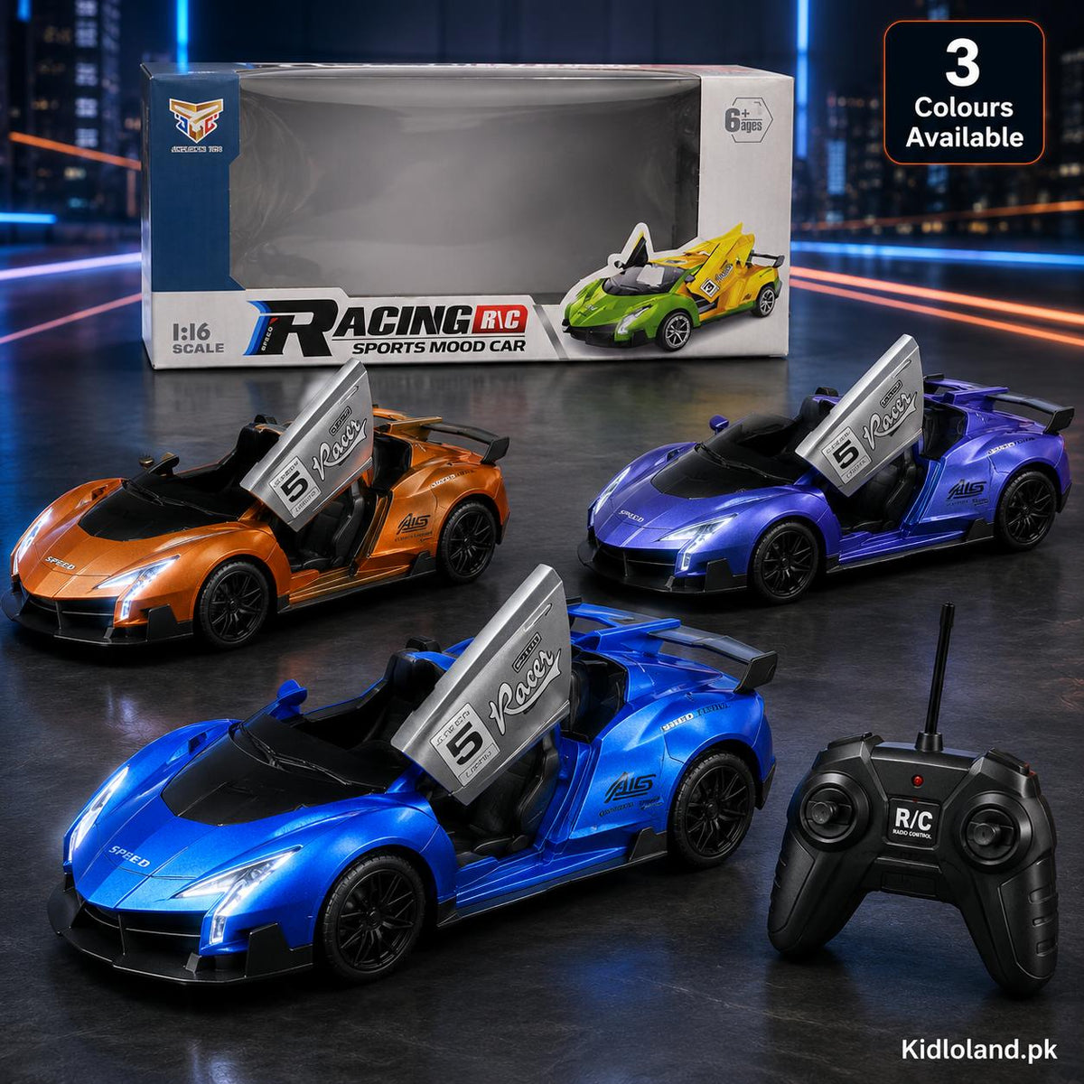 RC sports car – colour alternatives shown; only one car included