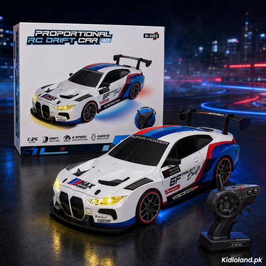 Rechargeable 1:24 Proportional RC Drift Car with 2-Speed Mode, Extra Tyres & Cones