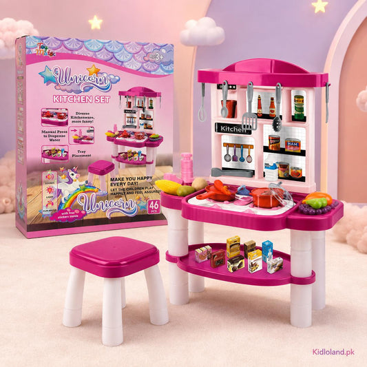 46-Piece Unicorn Kitchen Play Set with Running Water, Lights, Sounds & Stool