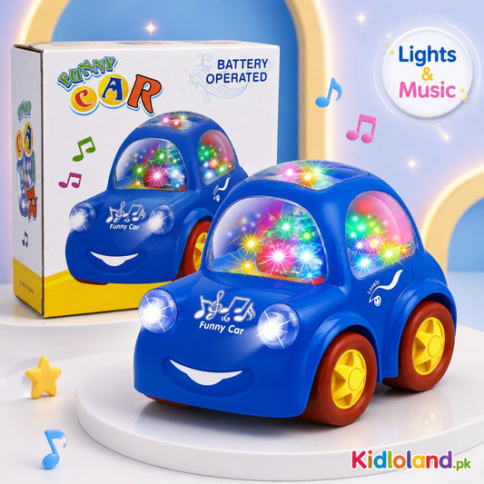 Battery-Operated Funny Car Toy with 3D Lights, Music & Bump-and-Go Action