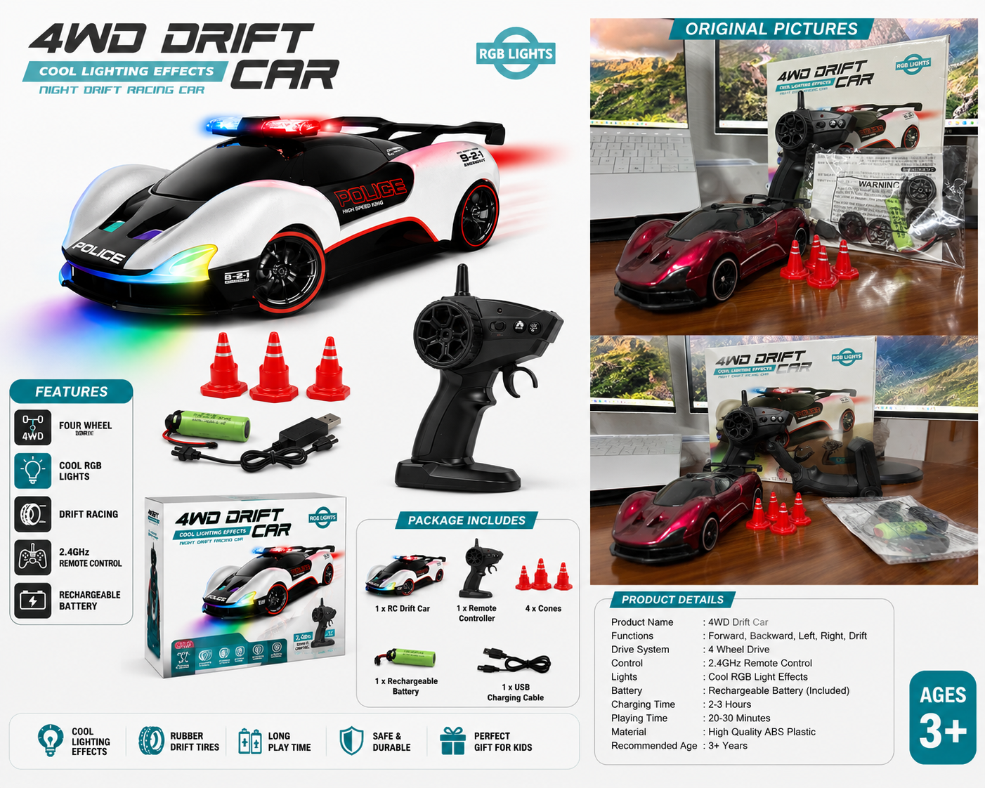 🚗 4WD Drift Racing Car with RGB Lights (Rechargeable)