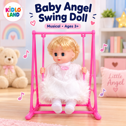 Baby Angel musical swing doll on pink swing