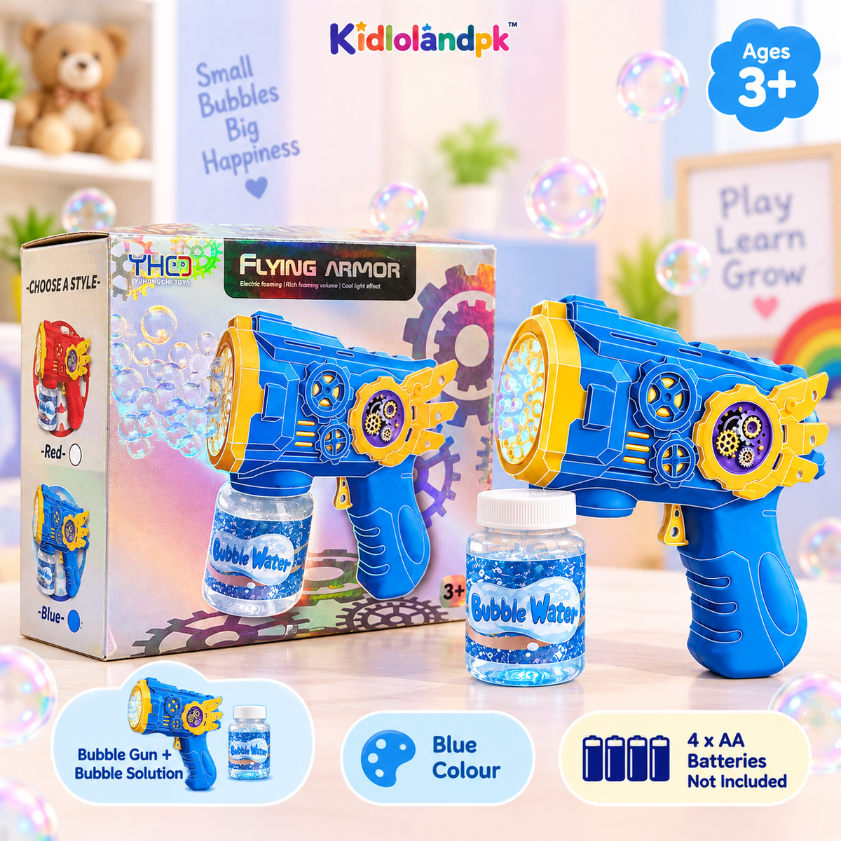 Flying Armor Bubble Gun blue colour with packaging and bubble solution