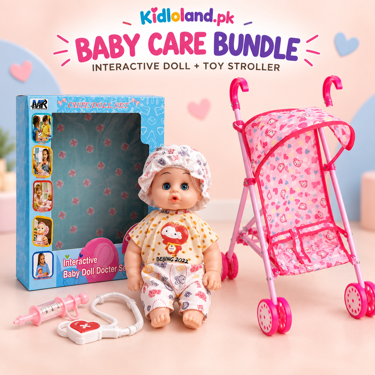 Baby Care Bundle – Interactive Doll + Pink Toy Stroller – both included products shown together