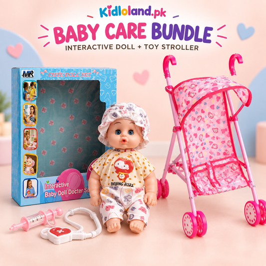 Baby Care Bundle – Interactive Doll + Pink Toy Stroller – both included products shown together