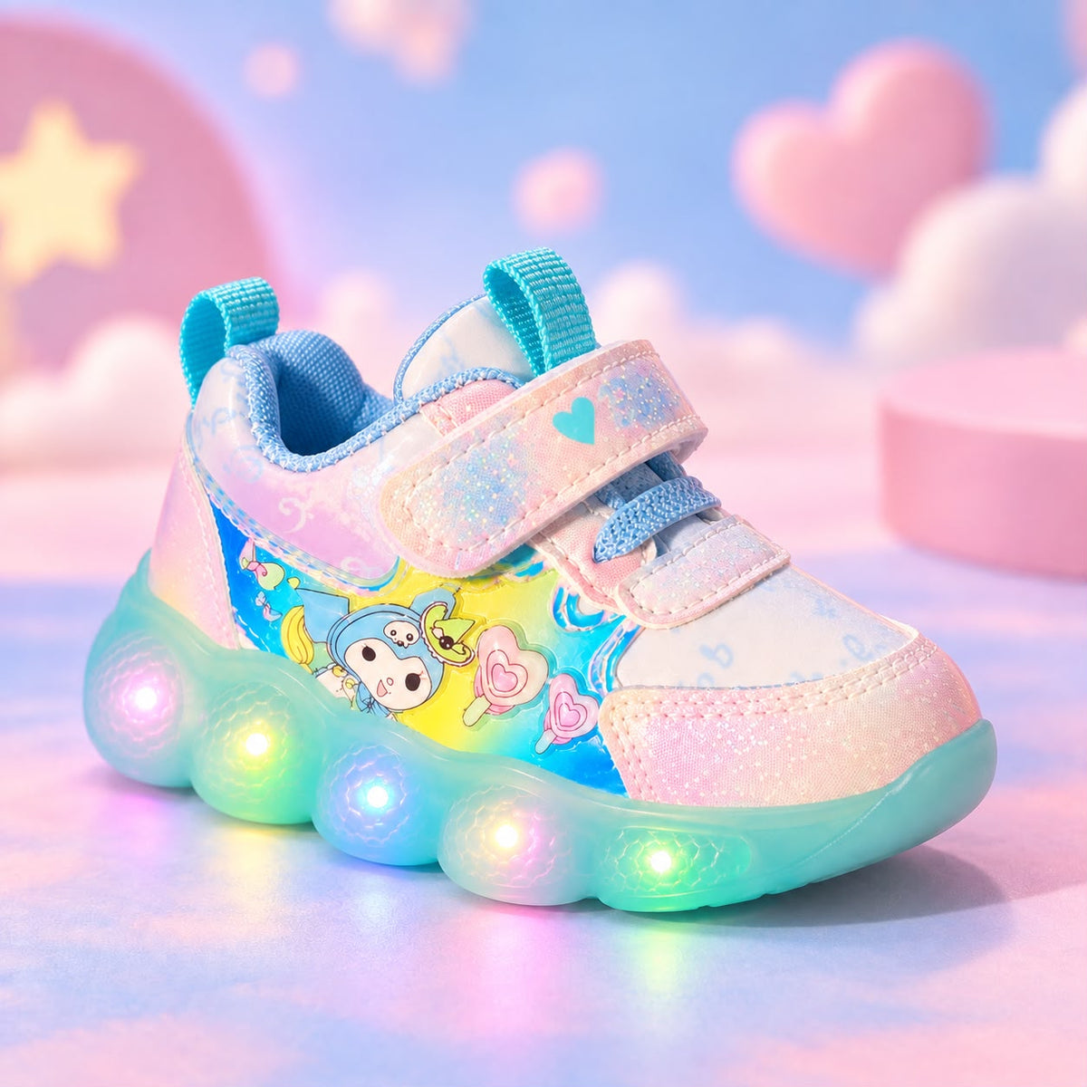 Aqua Blue Bubble Glow kids' sneakers with cartoon details and light-up bubble soles