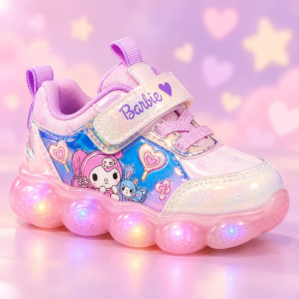 Pink & Blue Bubble Glow kids' sneakers with cartoon details and light-up bubble soles