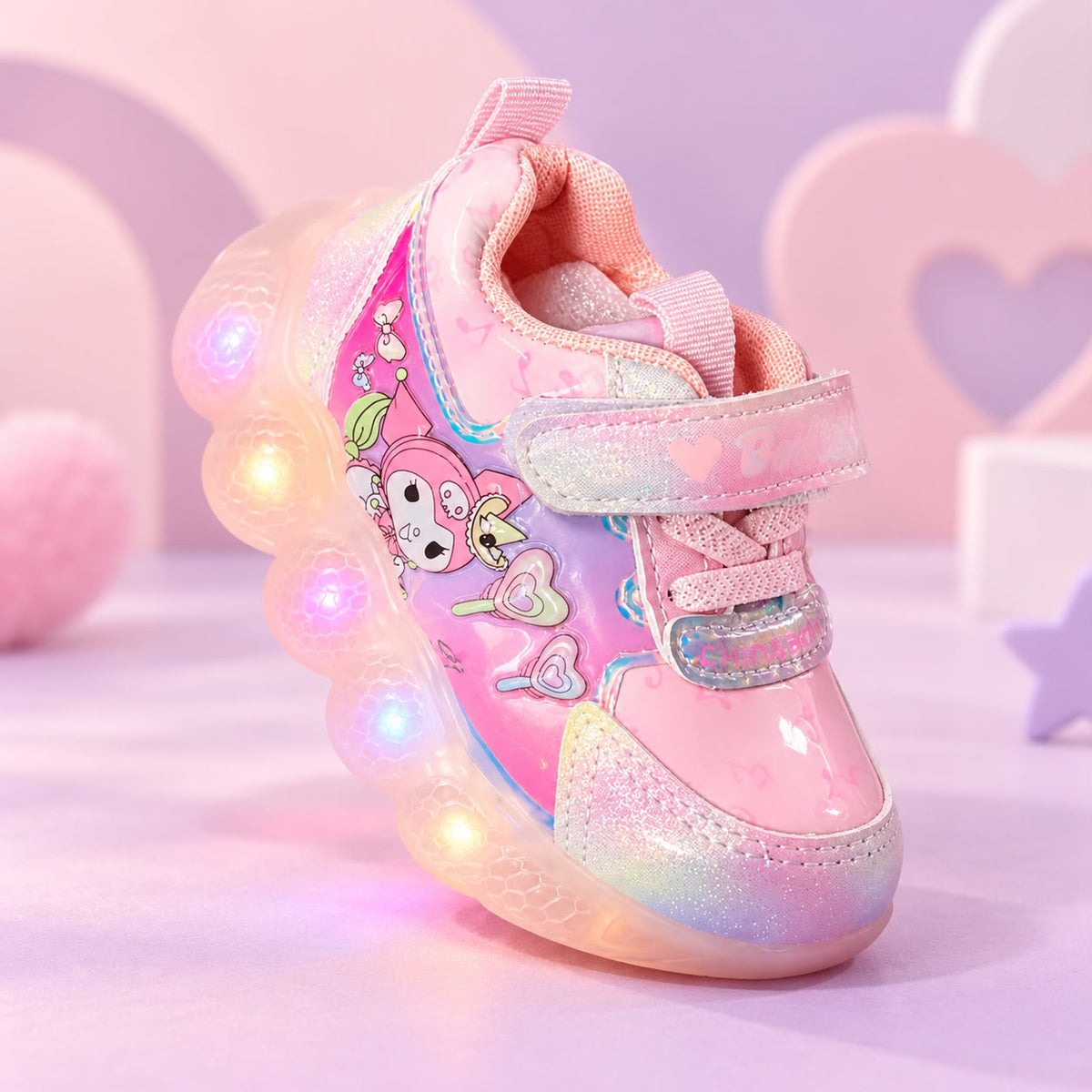 Pink Bubble Glow kids' sneakers with cartoon details and light-up bubble soles
