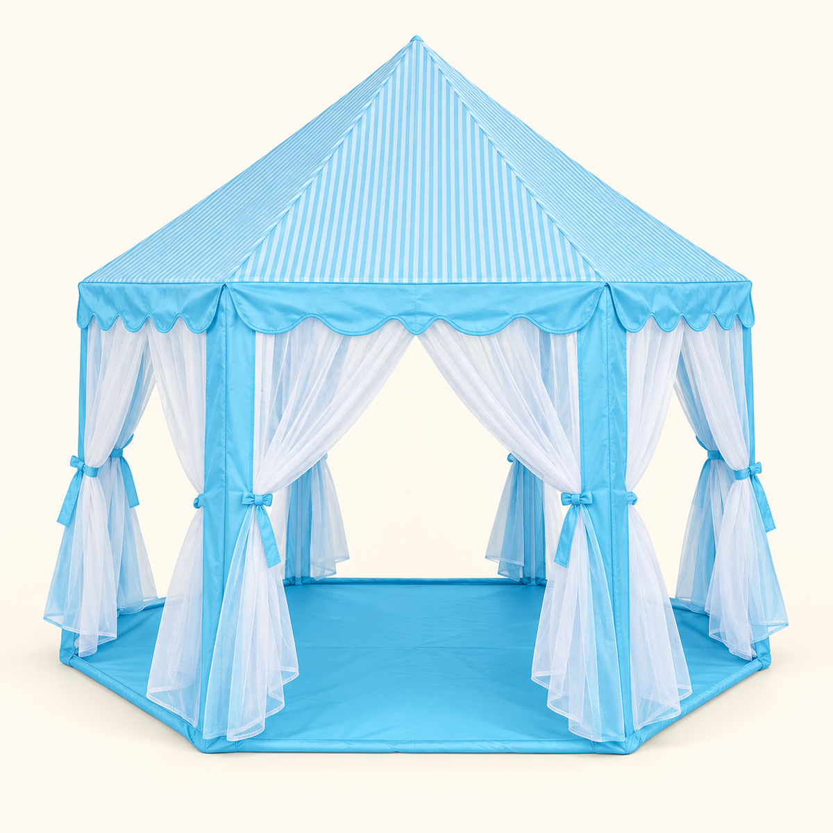 Blue Castle Play Tent with white mesh curtains and matching fabric base