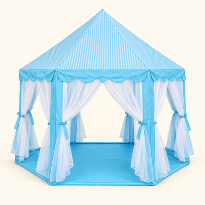 Blue Castle Play Tent with white mesh curtains and matching fabric base